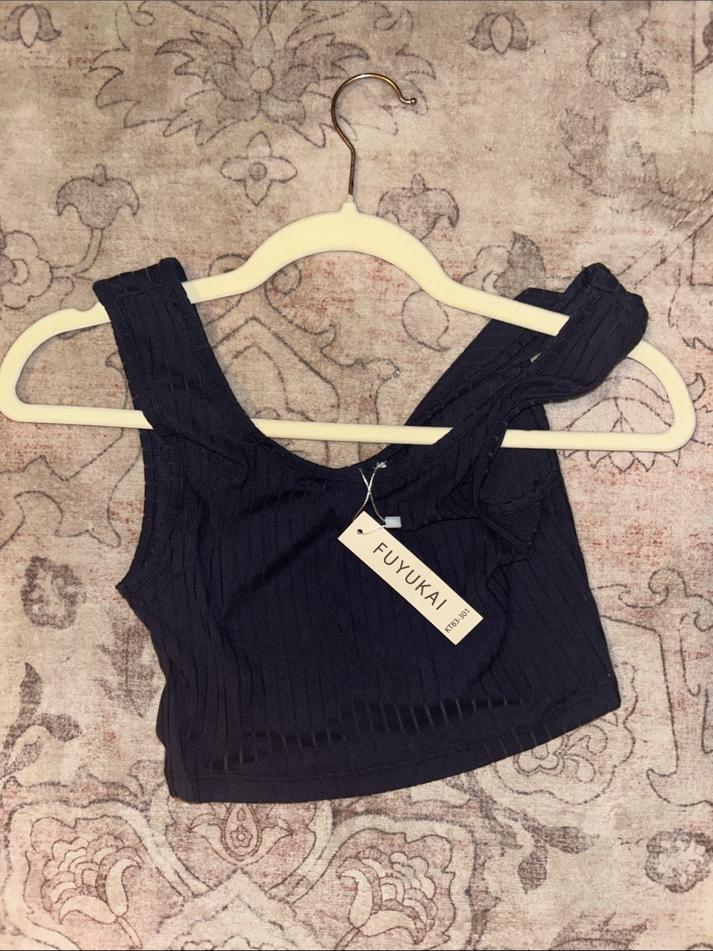 3 PIECE SET Navy Ribbed Square-Neck Crop Top , Cardigan , & Bottoms
